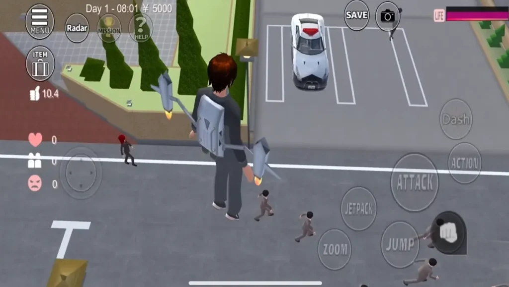 Terbang dengan jetpack di atas parkiran