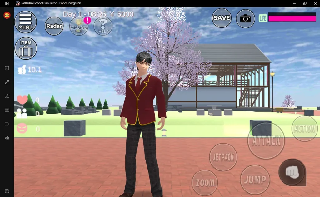 Siswa cowok di taman dekat pohon sakura